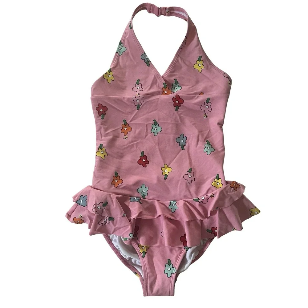 Hanna Andersson Girls Size 150 US 12 Swimsuit One Piece Pink Ditsy Floral Ruffle